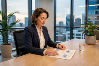 Investisseuse analysant des documents liés à une SCPI dans un bureau moderne