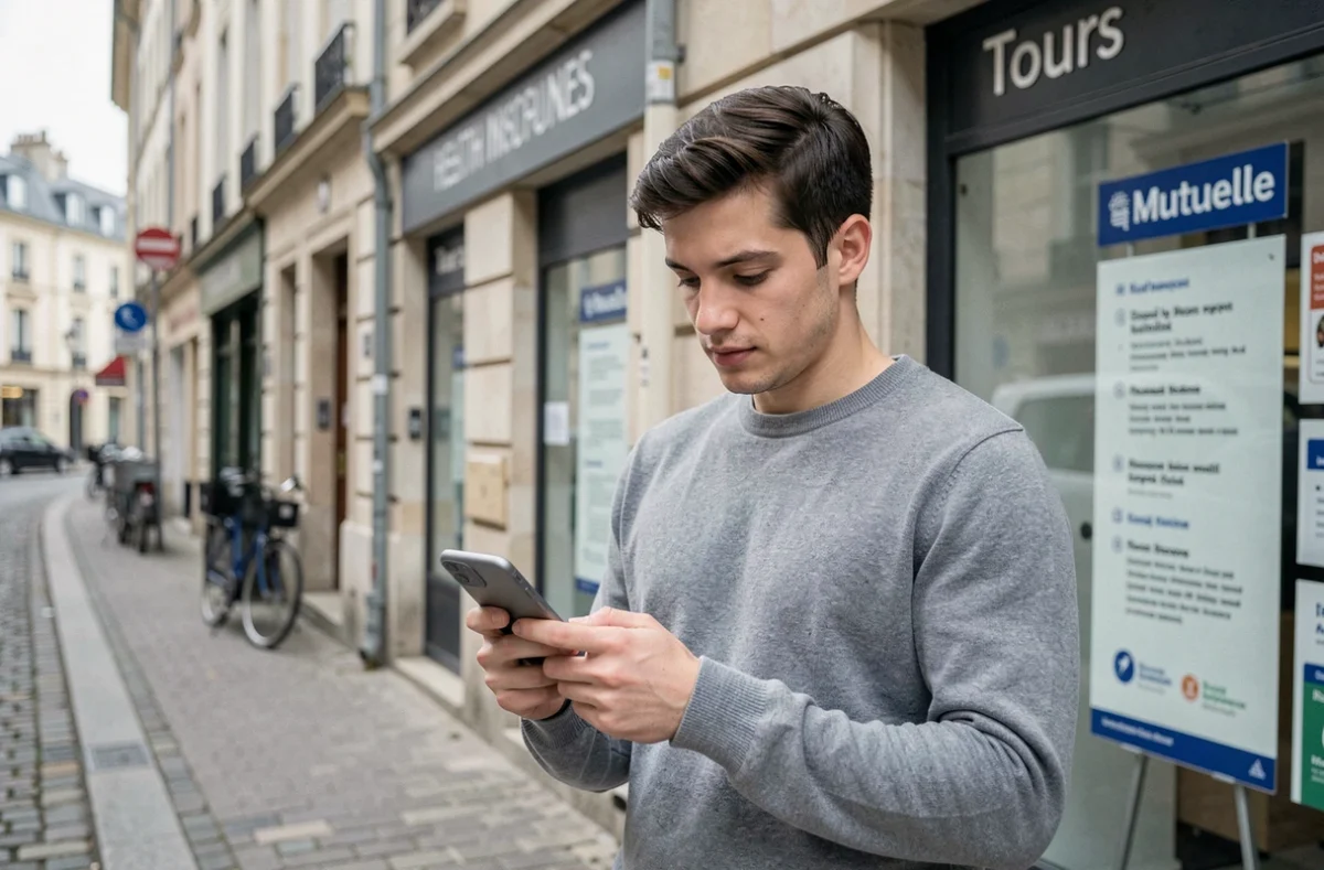Jeune homme consultant les offres de mutuelle Harmonie sur son téléphone devant une agence à Tours