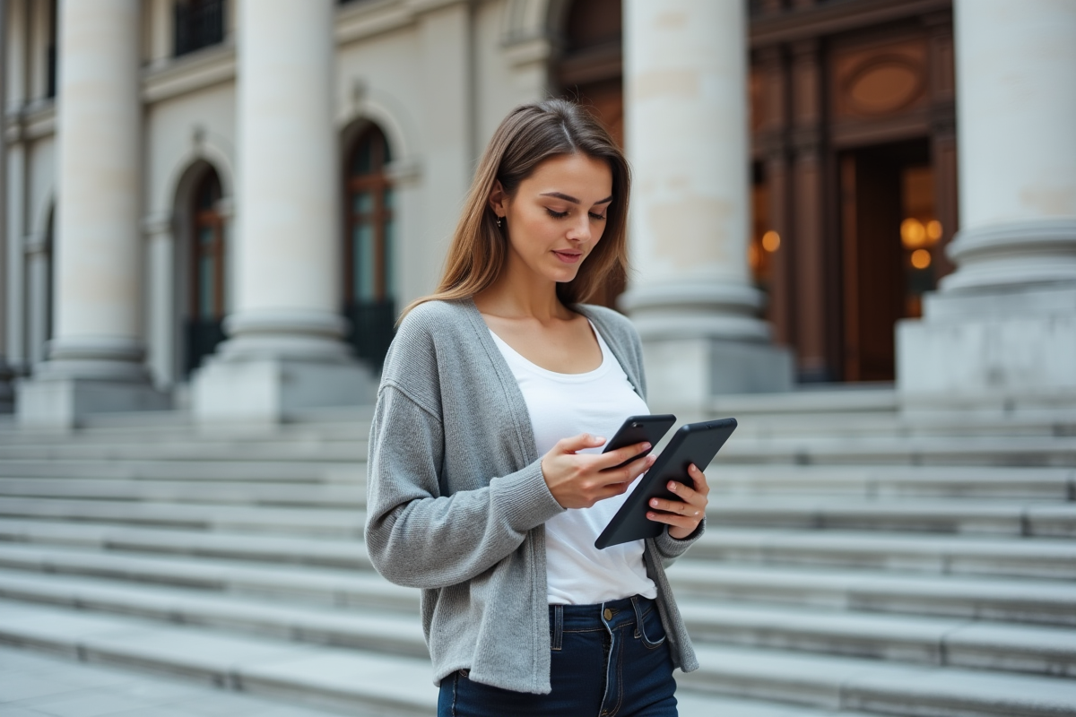 Jeune femme avec tablette devant un grand courthouse