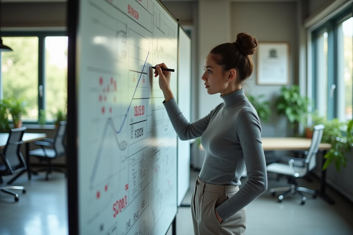 Jeune femme en train de dessiner un graphique dans un bureau hightech
