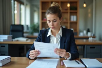 Jeune femme en bureau étudiant sa fiche de paie
