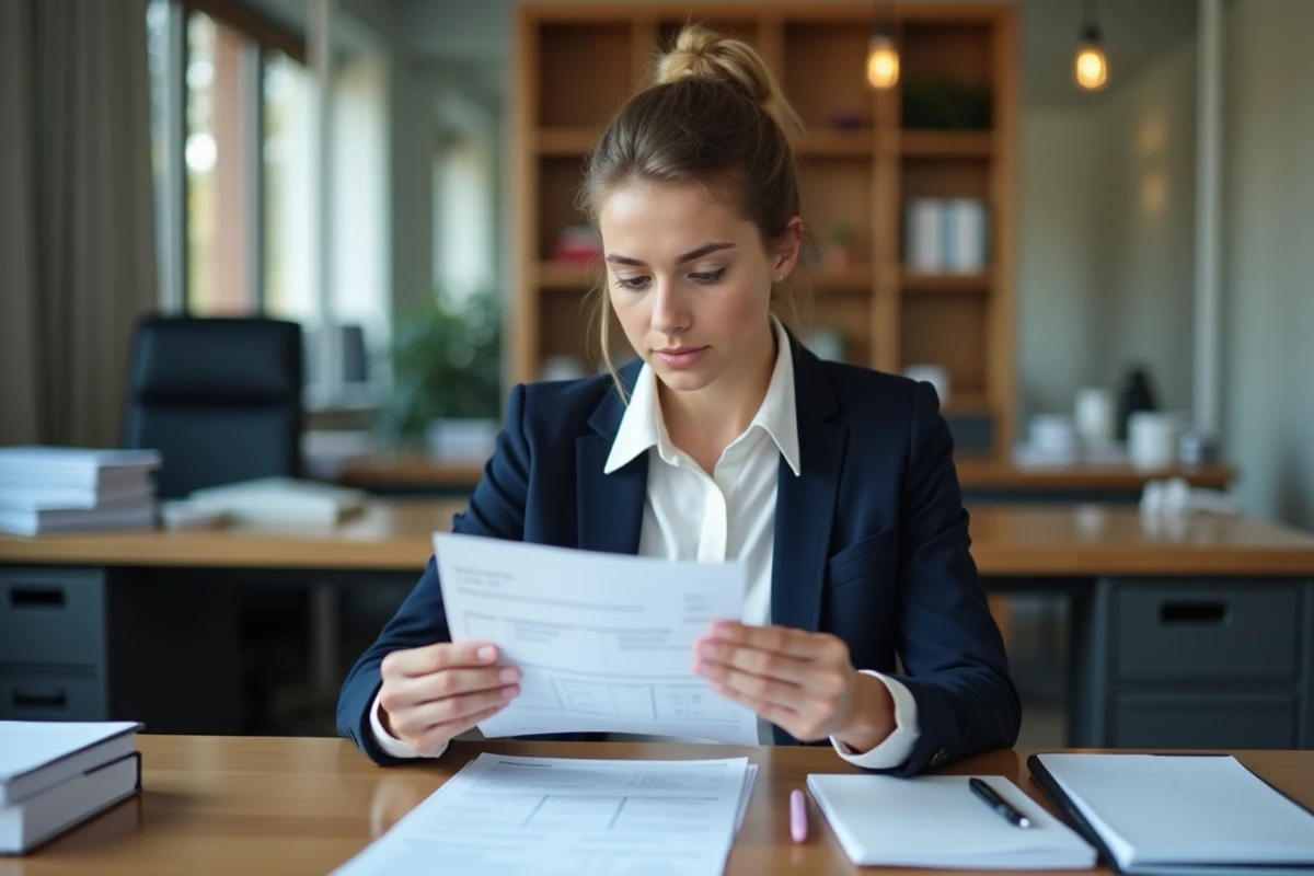 Jeune femme en bureau étudiant sa fiche de paie