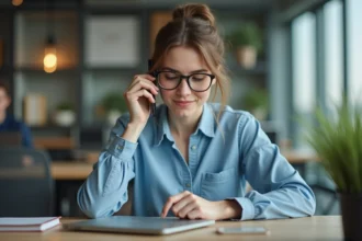 Jeune femme au bureau utilisant son smartphone