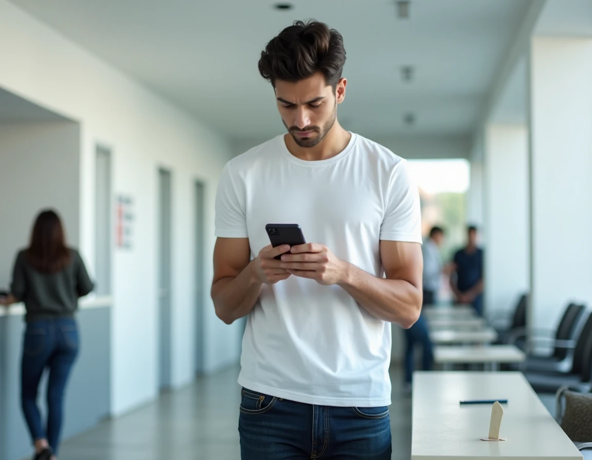 Jeune homme en agence financière attendant de contacter un conseiller pour un problème de virement Ptitclic
