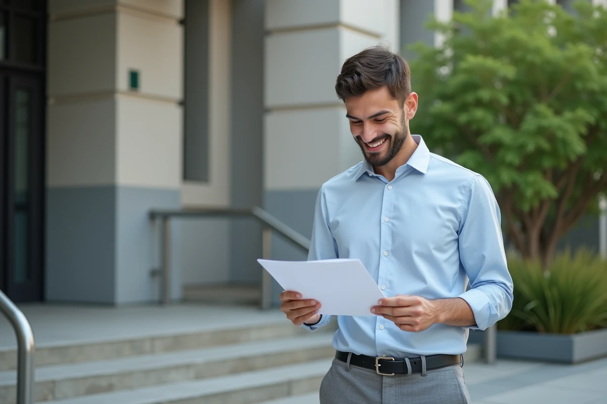 Jeune homme dehors examinant une enveloppe officielle