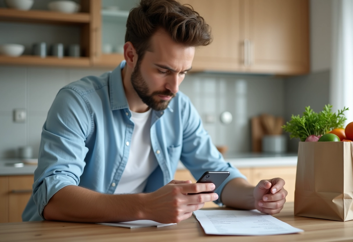 Jeune homme regarde facture digitale sur smartphone