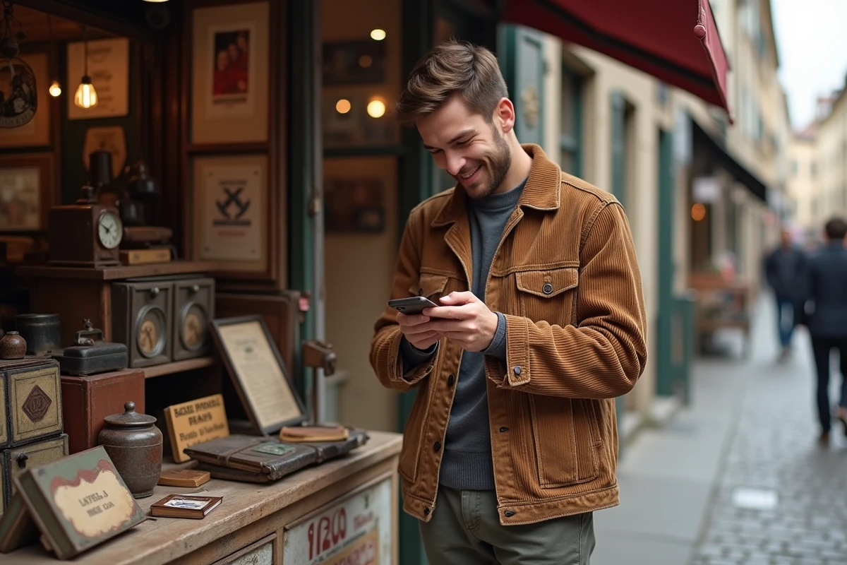 Jeune homme compare prix en francs et smartphone dans un marché