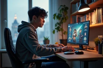 Jeune homme concentré sur son ordinateur avec skins Valorant