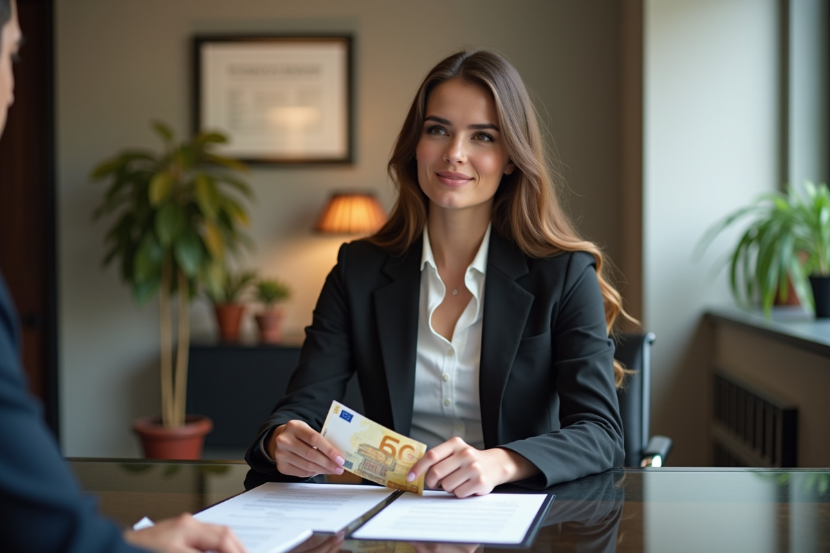 Jeune notaire comptant des billets dans un bureau moderne