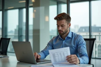 Jeune homme professionnel analysant une fiche de paie au bureau