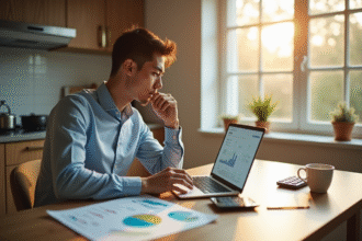 Jeune professionnel étudiant des graphiques d'investissement au matin