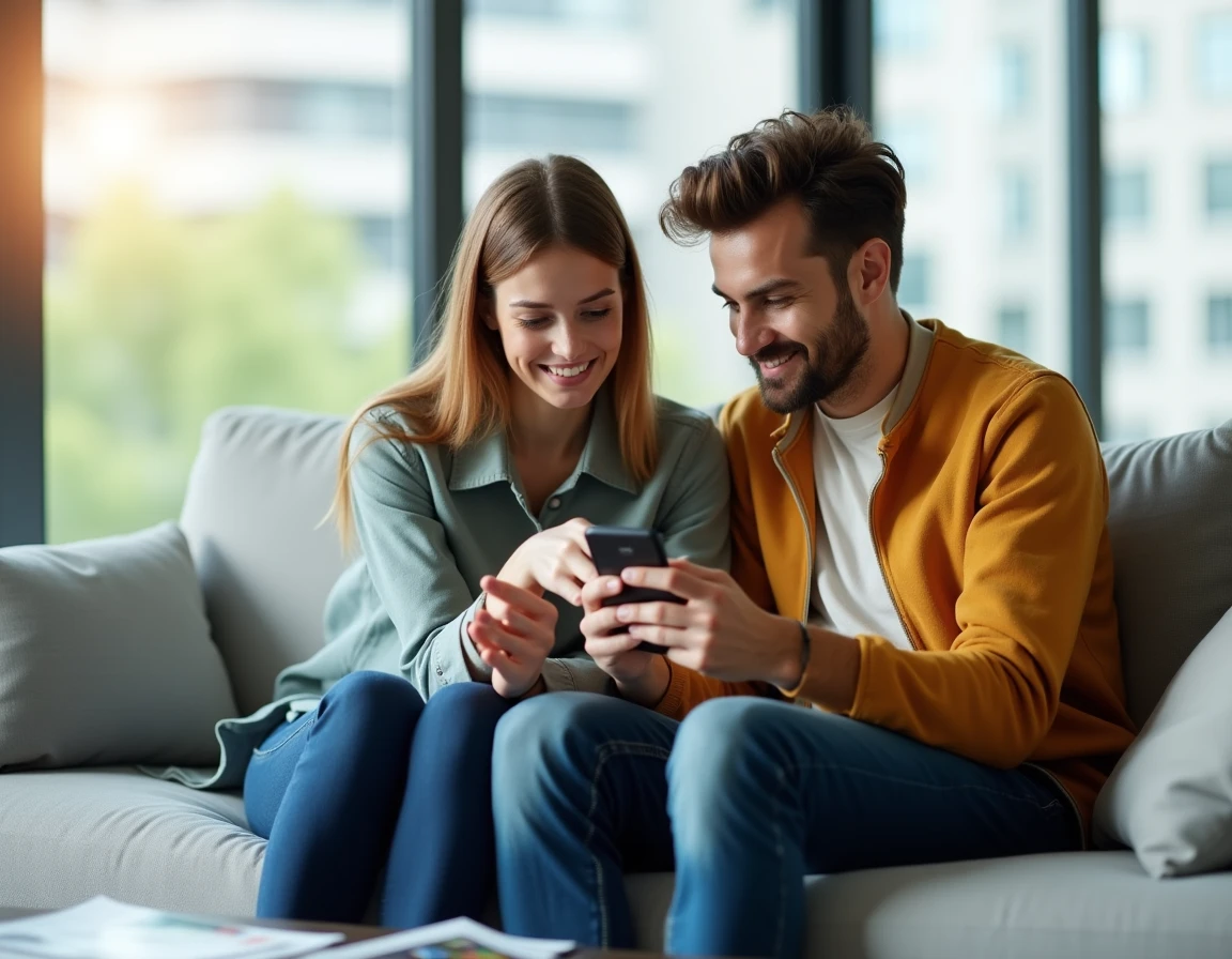 Deux jeunes adultes comparant des offres d'épargne sur une application mobile pour choisir le meilleur livret LEL