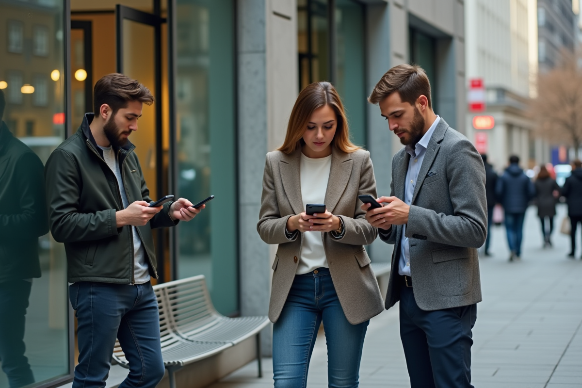 Groupe de jeunes professionnels utilisant leurs smartphones devant une banque