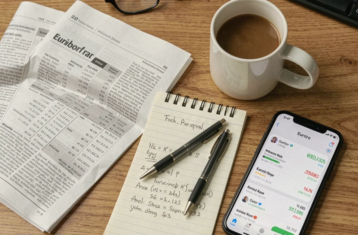Journal financier ouvert sur les taux Euribor et calculatrice sur un bureau de travail professionnel
