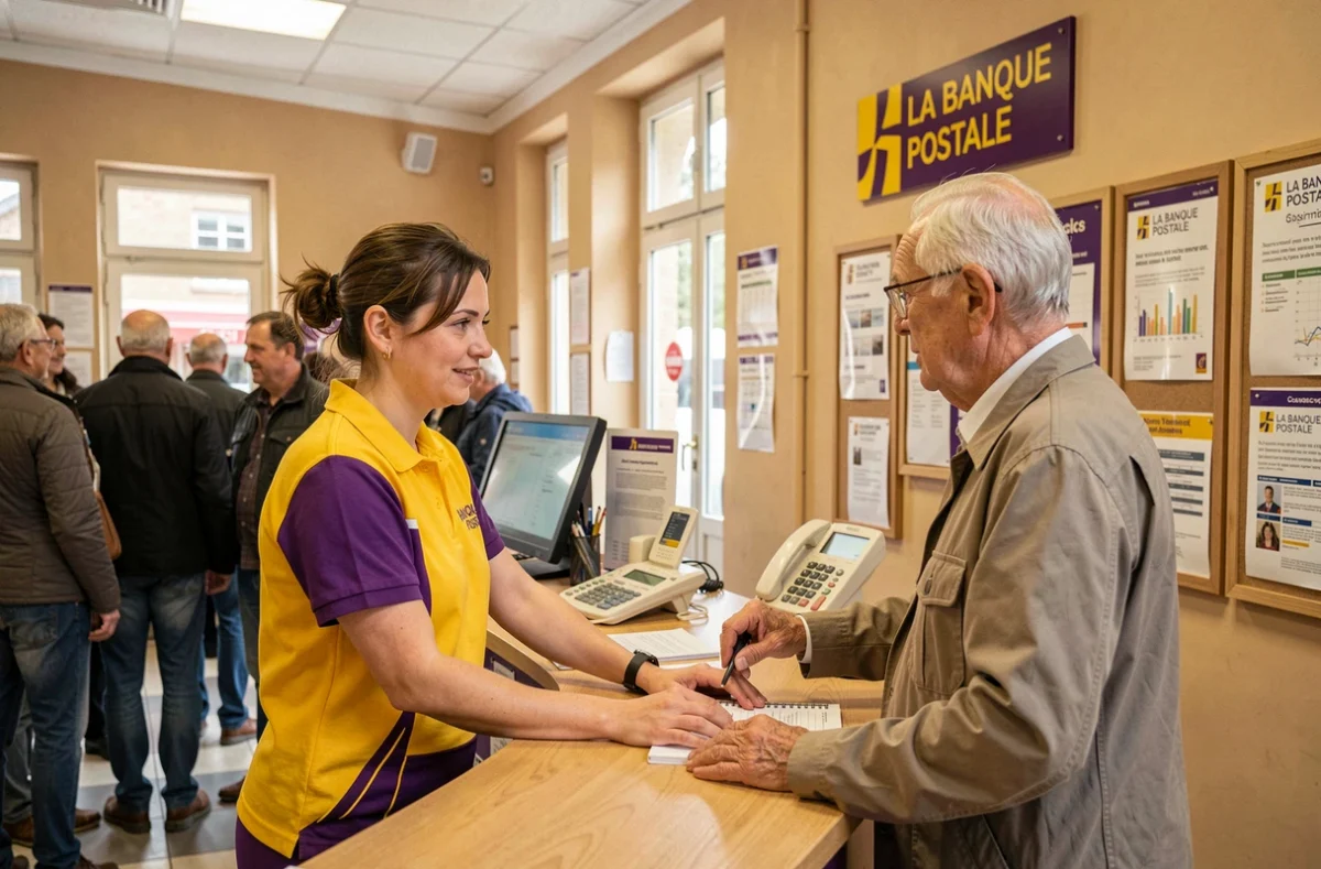 Employée de La Banque Postale servant un client senior dans une agence postale du nord de la France