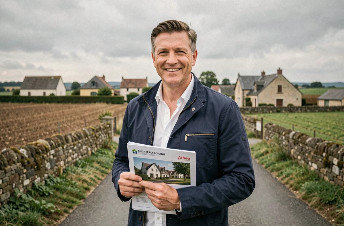 Lionel Monatin agent Optimhome sur une route de campagne dans le secteur d'Athée en Côte-d'Or avec paysage bourguignon en arrière-plan