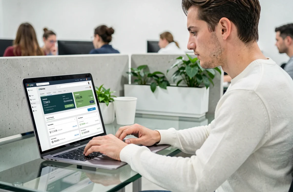 Jeune professionnel utilisant une application bancaire en ligne sur laptop dans un espace de coworking moderne