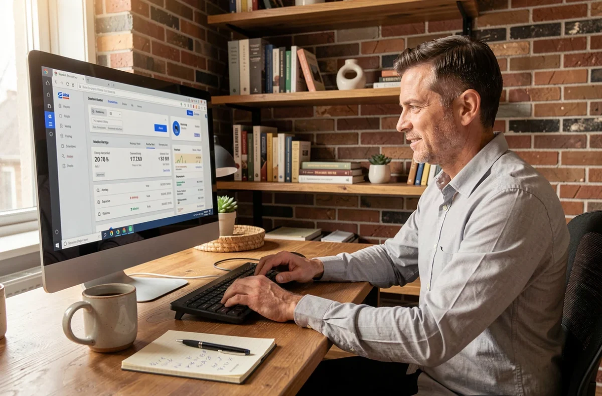 Homme gérant ses finances personnelles en ligne depuis son bureau à domicile avec un logiciel bancaire sur ordinateur