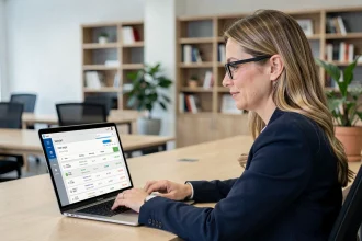 Femme professionnelle utilisant Logitelnet sur ordinateur pour gérer ses opérations bancaires au bureau
