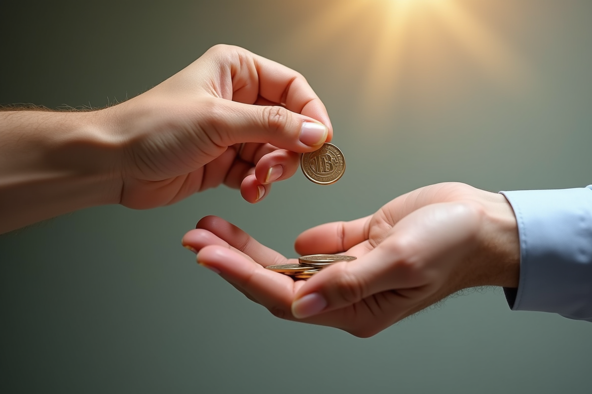 Main aidante passant une pièce pour soutenir