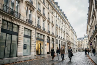 Vue panoramique d'une rue commerçante dans les Hauts-de-France avec des façades de banques modernes et anciennes