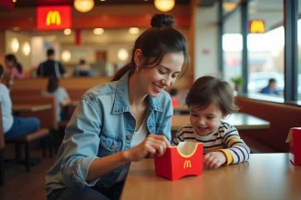 Mère et enfant dans un McDonald's consultant un menu Happy Meal avec des Chèques Vacances