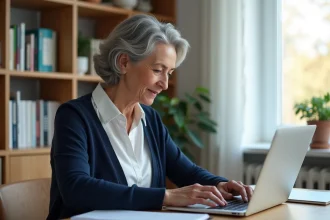 Femme d'une cinquantaine d'années mettant à jour ses données personnelles sur un portail retraite entreprise depuis son bureau à domicile