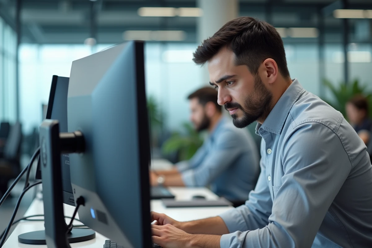 Employé de bureau mettant à jour ses informations personnelles sur le site ma retraite entreprise depuis son poste de travail professionnel