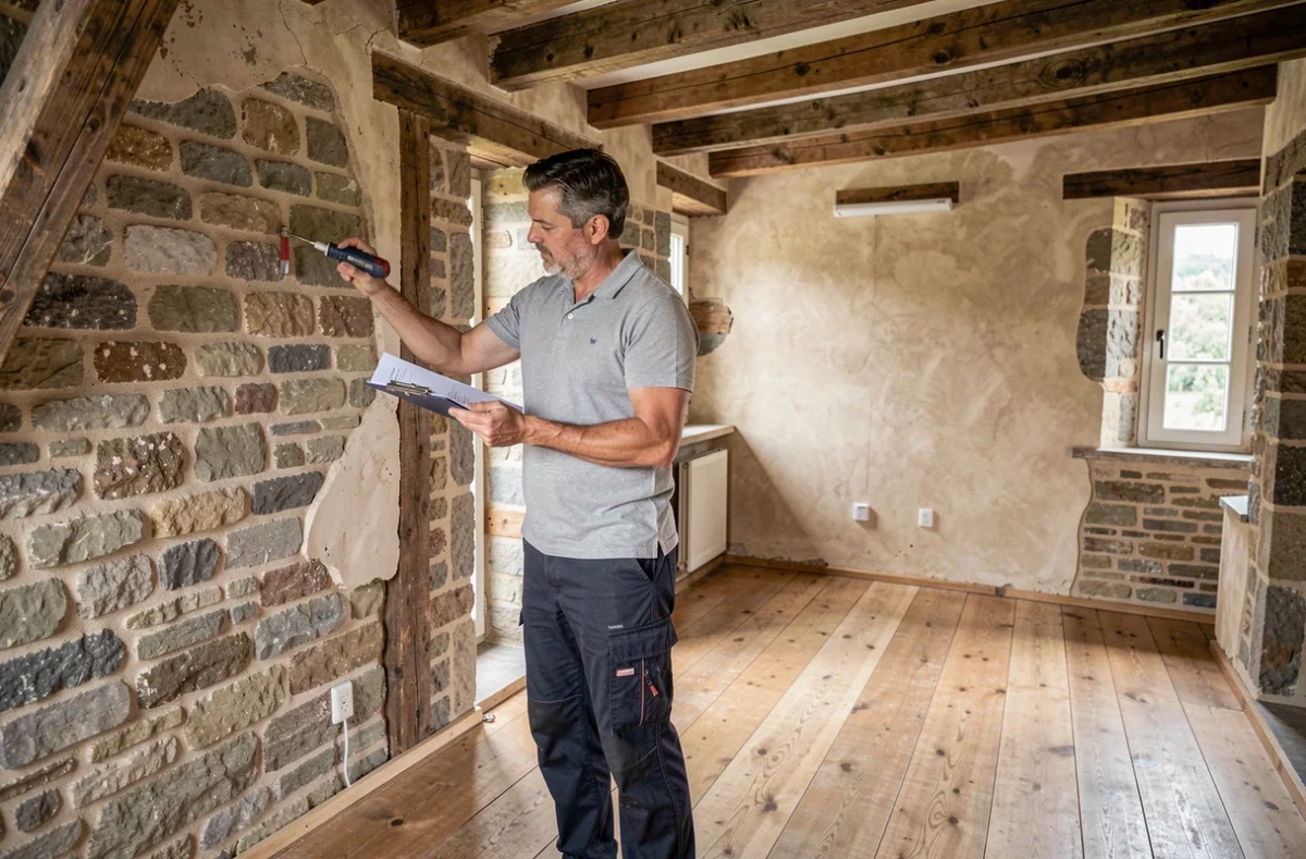 Expert diagnostiqueur de N2A Expertises inspectant une maison en pierre dans le secteur de Sens au nord de la région