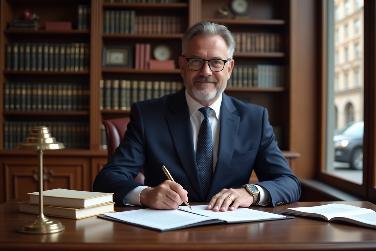 Notaire d'âge moyen signant des documents officiels dans son bureau