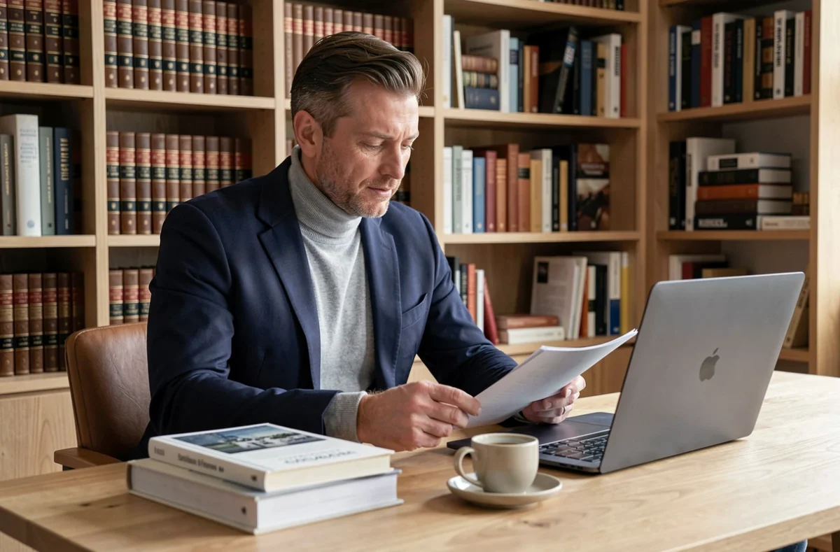 Homme élégant en blazer marine travaillant dans un bureau à domicile raffiné entouré de livres et documents, symbole du style de vie et de la fortune d'Olivier de Stefano