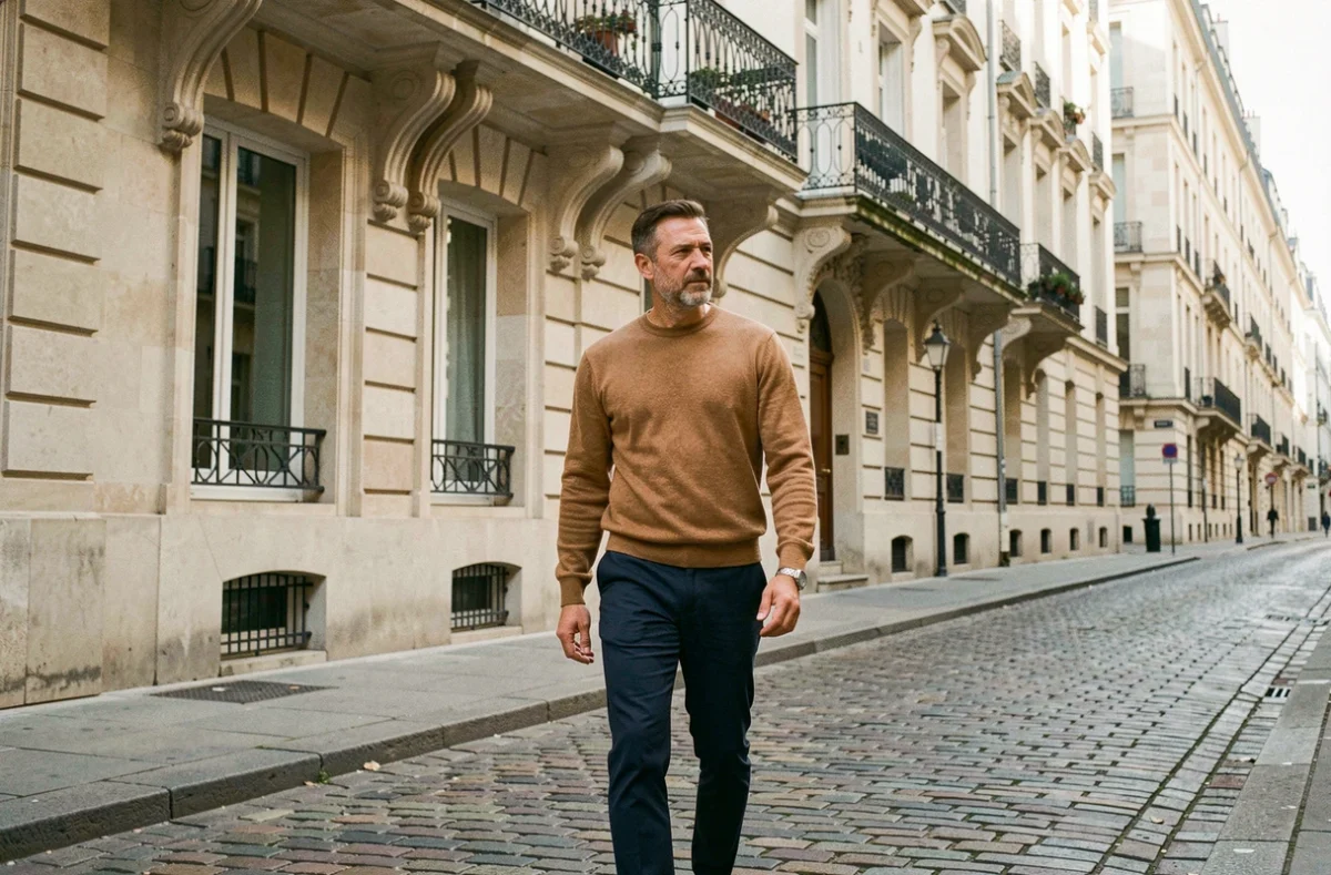 Homme mature en pull en laine camel marchant dans un quartier européen élégant aux façades en pierre, évoquant le style de vie raffiné et la réussite personnelle liés à la fortune d'Olivier de Stefano