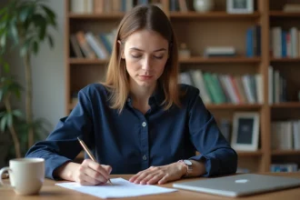Femme remplissant un formulaire d'ouverture de compte bancaire Coopanet à son bureau à domicile