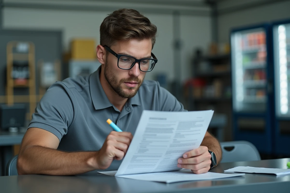 Ouvrier en pause consultant son contrat de travail et ses heures supplémentaires
