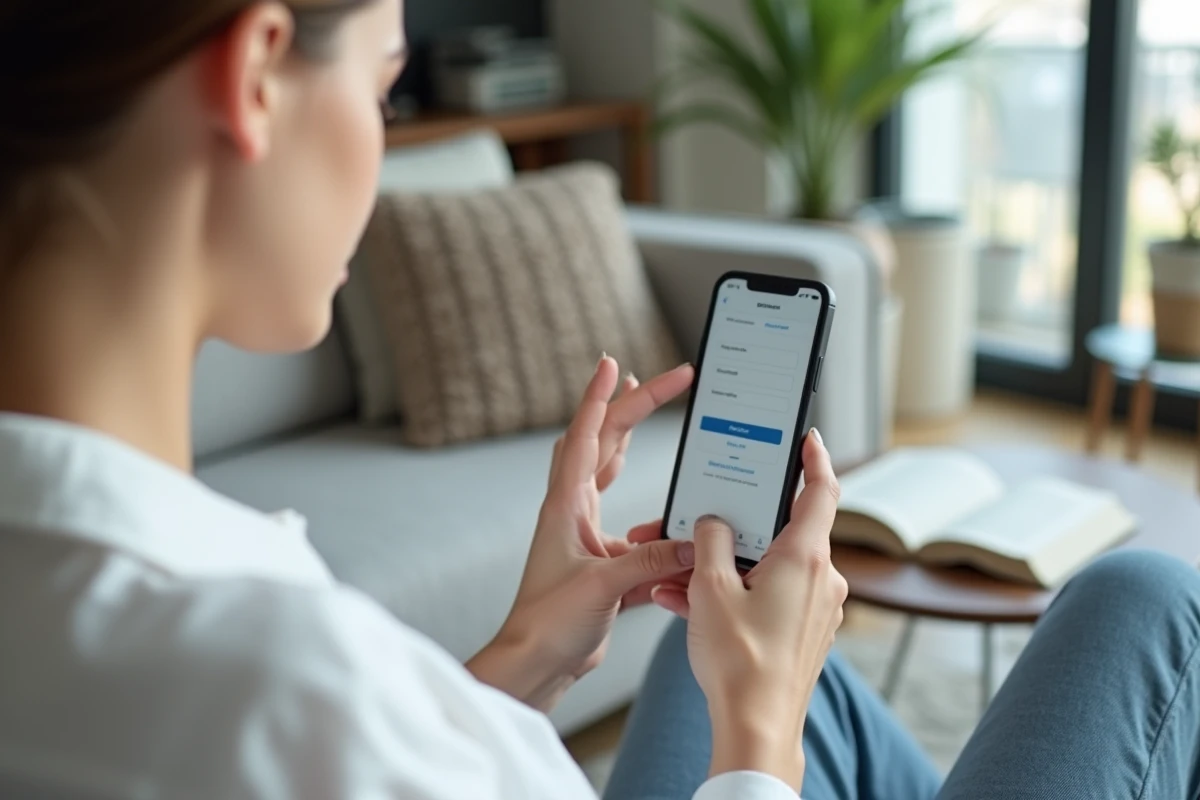 Jeune femme ouvrant un compte Coopanet en ligne depuis son smartphone dans son appartement