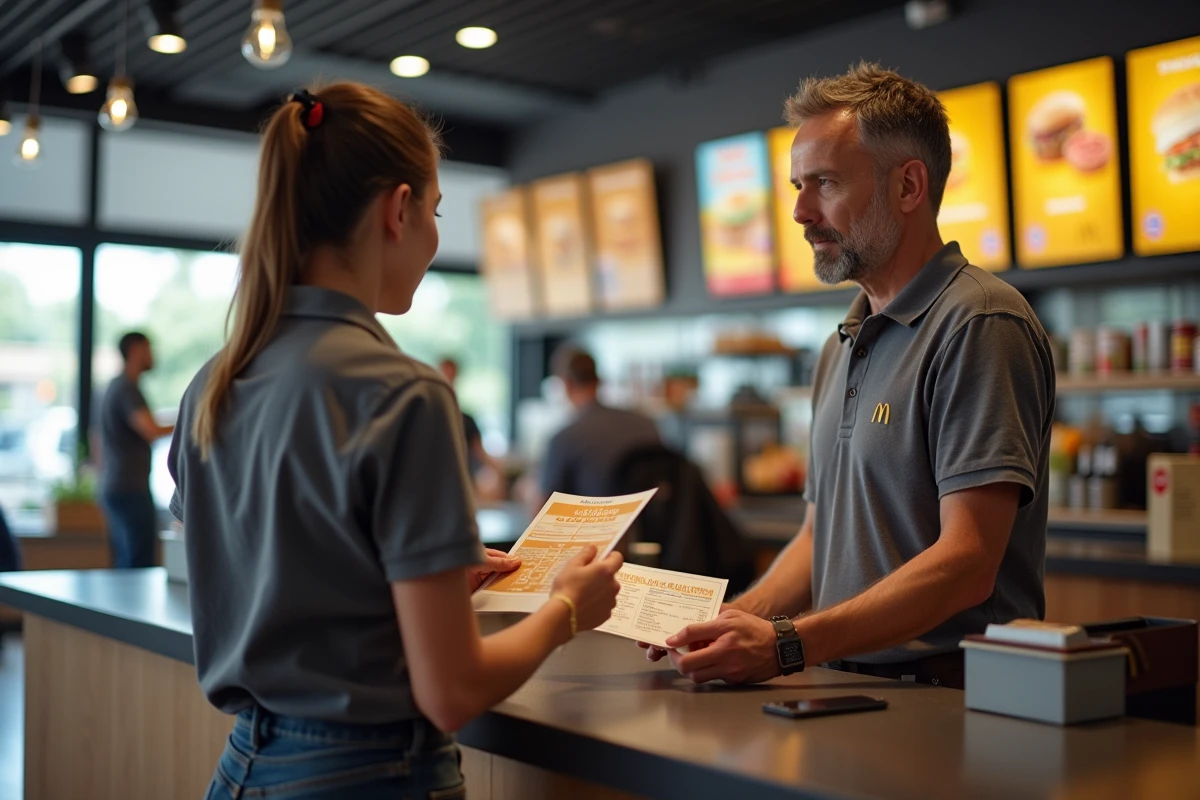 Client présentant un Chèque Vacances à la caisse d'un McDonald's pour payer un menu