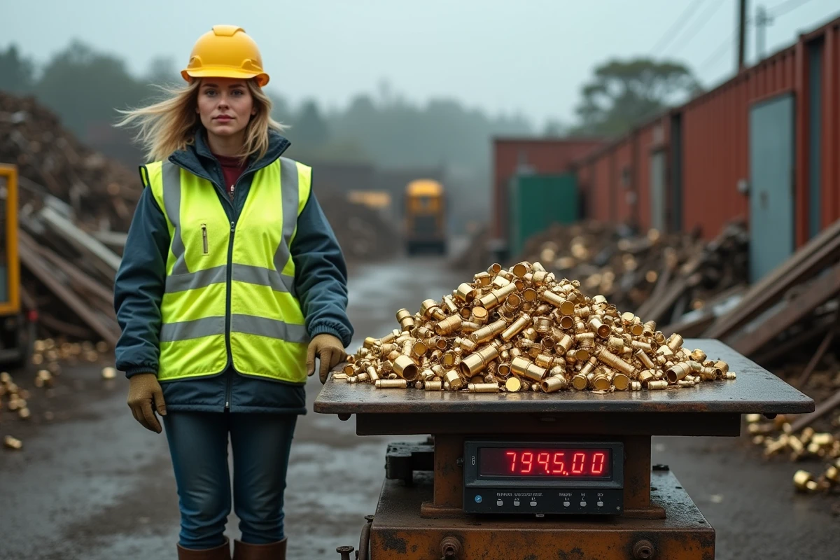 Femme pesant des pièces en laiton sur une balance industrielle dans un centre de recyclage de métaux