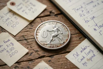 Pièce argent 50 francs 1977 posée sur une table en bois avec des étiquettes de prix manuscrites, erreurs courantes des vendeurs particuliers