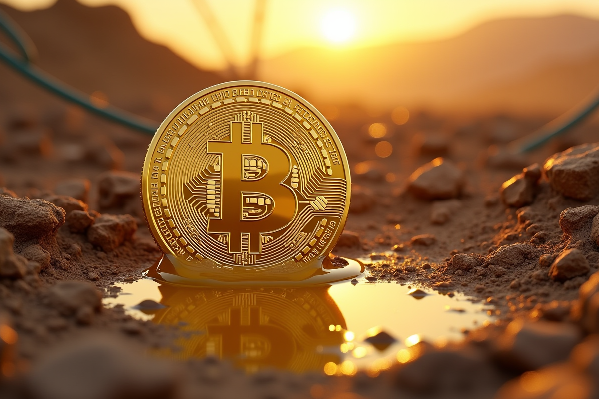 Pièce de Bitcoin fondant sur sol sec sous soleil intense