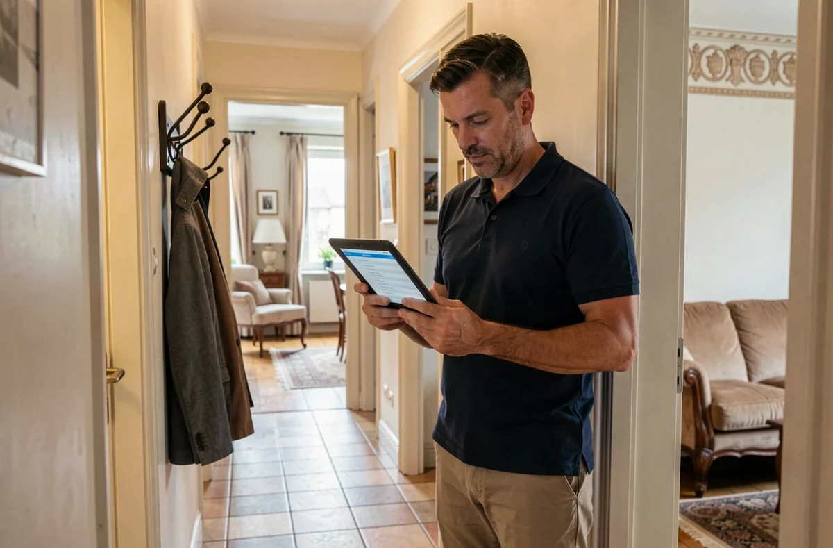 Conseiller de PMC Services Habitat Dijon consultant une liste de contrôle lors d'une inspection résidentielle dans un appartement dijonnais
