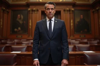 Homme politique en costume sombre à la tribune d'une assemblée parlementaire française