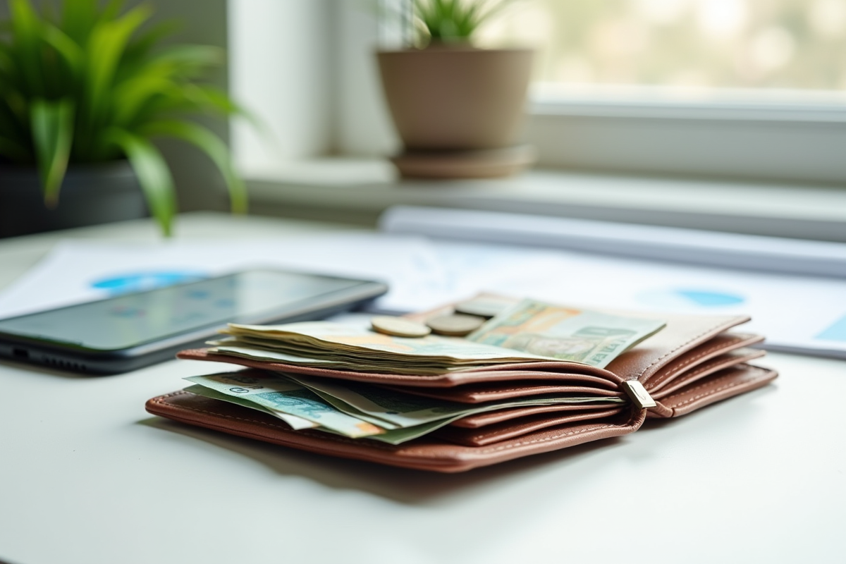 Portefeuille avec billets euros et smartphone sur bureau blanc