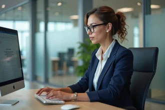Femme professionnelle utilisant un portail bancaire en ligne sur ordinateur de bureau dans un bureau institutionnel moderne