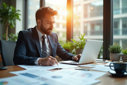 Professionnel confiant analysant des rapports financiers au bureau