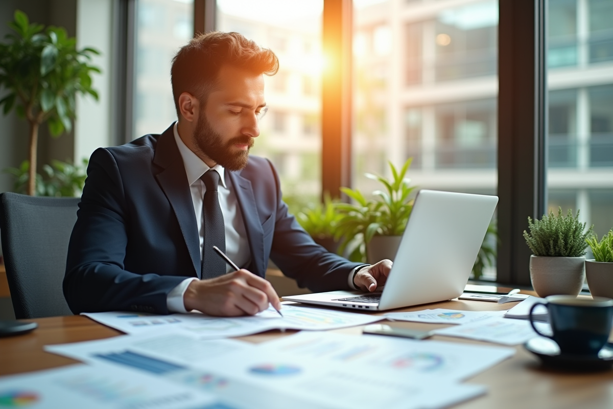 Professionnel confiant analysant des rapports financiers au bureau