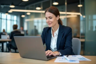 Professionnelle en blazer marine consultant son espace client bancaire sur un ordinateur portable dans un bureau moderne
