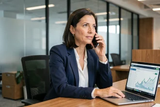 Professionnelle en blazer marine au téléphone avec le service client Boursorama dans un bureau moderne