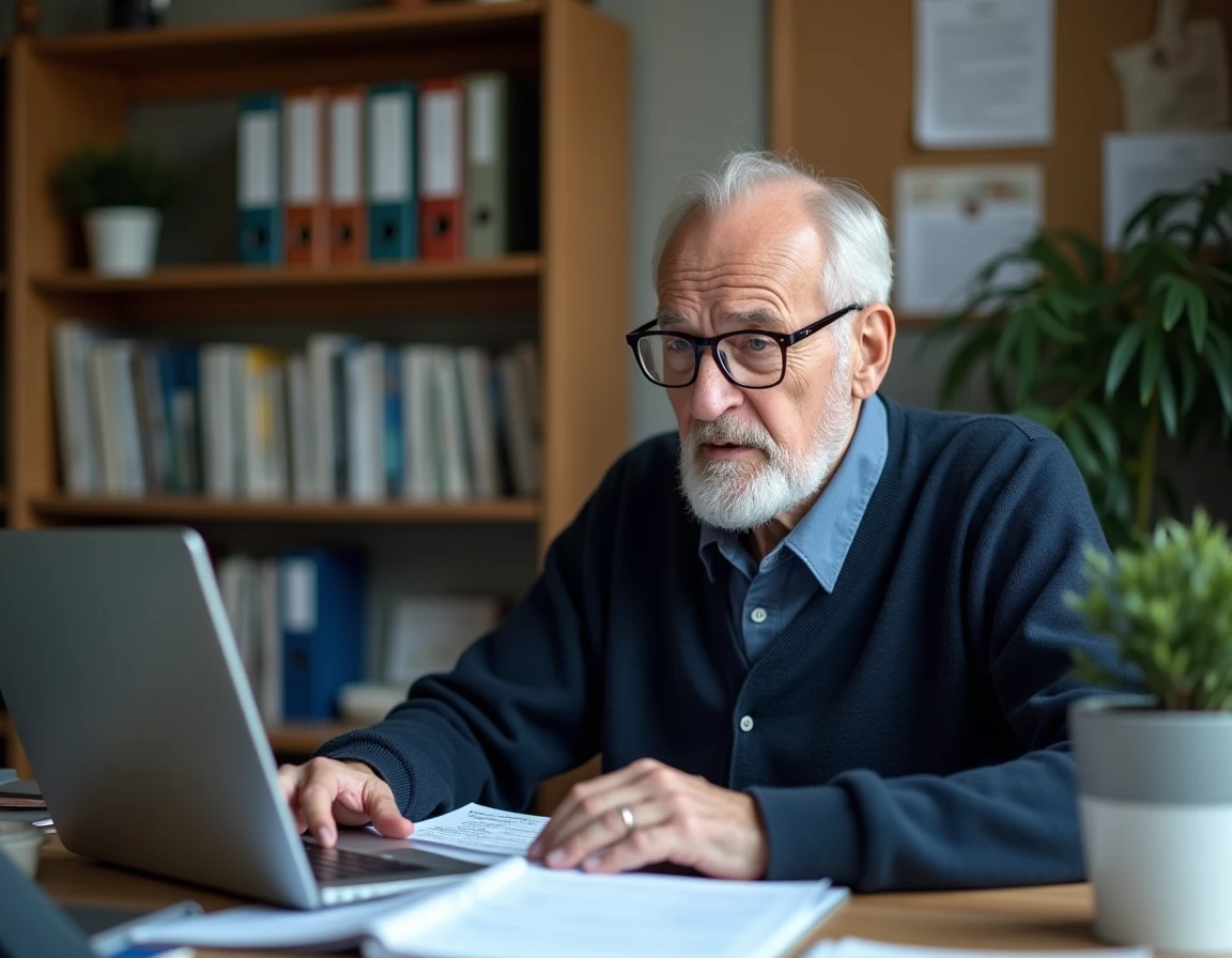 Homme retraité consultant les conditions d'exonération de taxe foncière sur formulaire 2041-DPTF-SD dans son bureau à domicile