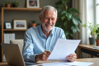 Homme retraité souriant dans un bureau moderne