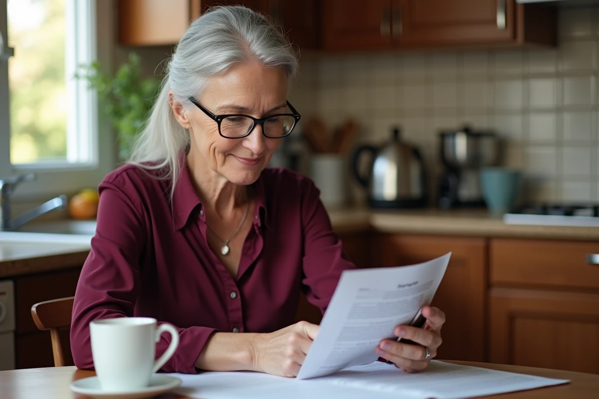 Femme retraitée consultant ses documents personnels et son smartphone pour mettre à jour son dossier sur ma retraite entreprise com